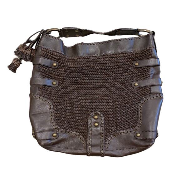 Y2K Isabella Fiore Carina Hobo Dark Brown Knitted Real Leather 16'hx14L Boho Bag - Picture 1 of 14